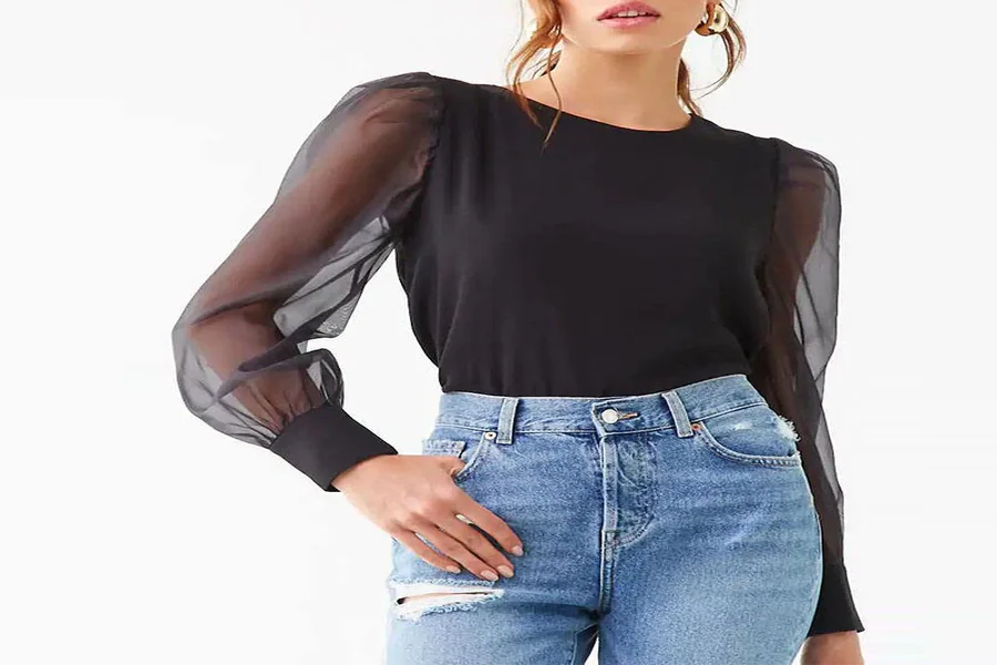 Black Top with Sheer Sleeves